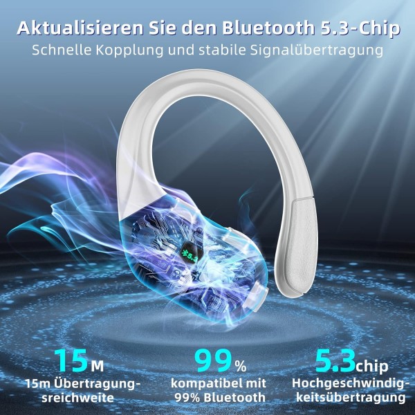 Ulfsaar Bluetooth 헤드폰, HD 마이크가 있는 귀 헤드폰 무선 Bluetooth 5.3, 무선 헤드폰 HiFi 스테레오, Android iOS 실버용 스포츠 이어폰 딥 베이스 IPX7 방수 90시간 재생 시간