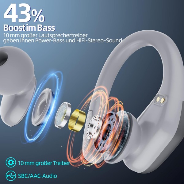 Ulfsaar Bluetooth 헤드폰, HD 마이크가 있는 귀 헤드폰 무선 Bluetooth 5.3, 무선 헤드폰 HiFi 스테레오, Android iOS 실버용 스포츠 이어폰 딥 베이스 IPX7 방수 90시간 재생 시간