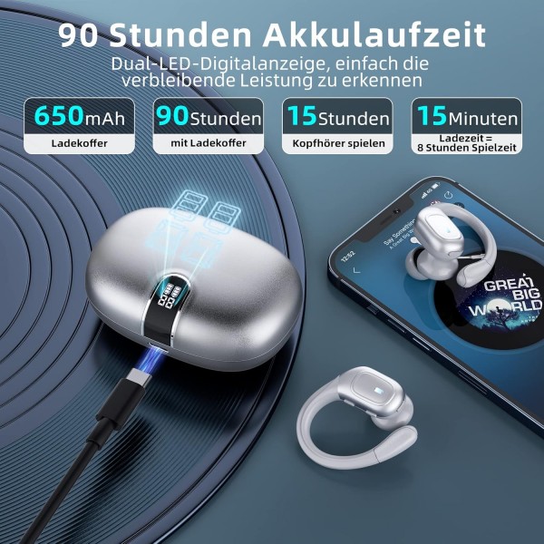 Ulfsaar Bluetooth 헤드폰, HD 마이크가 있는 귀 헤드폰 무선 Bluetooth 5.3, 무선 헤드폰 HiFi 스테레오, Android iOS 실버용 스포츠 이어폰 딥 베이스 IPX7 방수 90시간 재생 시간