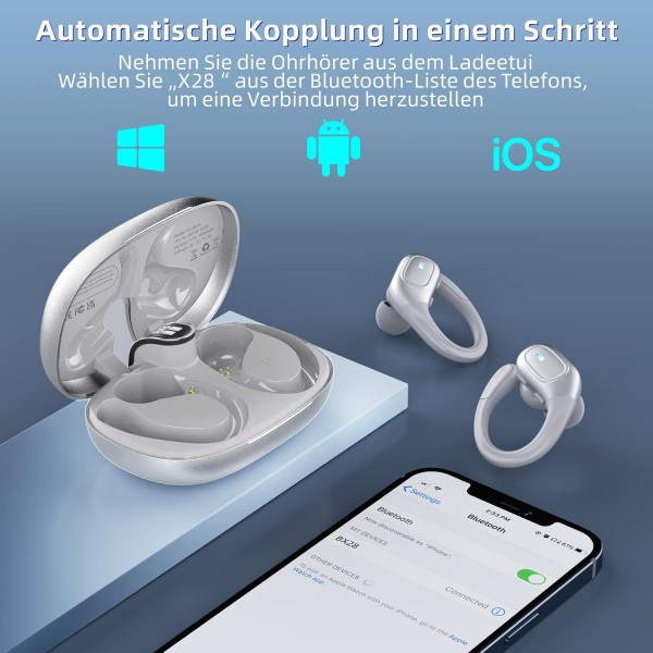 Ulfsaar Bluetooth 헤드폰, HD 마이크가 있는 귀 헤드폰 무선 Bluetooth 5.3, 무선 헤드폰 HiFi 스테레오, Android iOS 실버용 스포츠 이어폰 딥 베이스 IPX7 방수 90시간 재생 시간