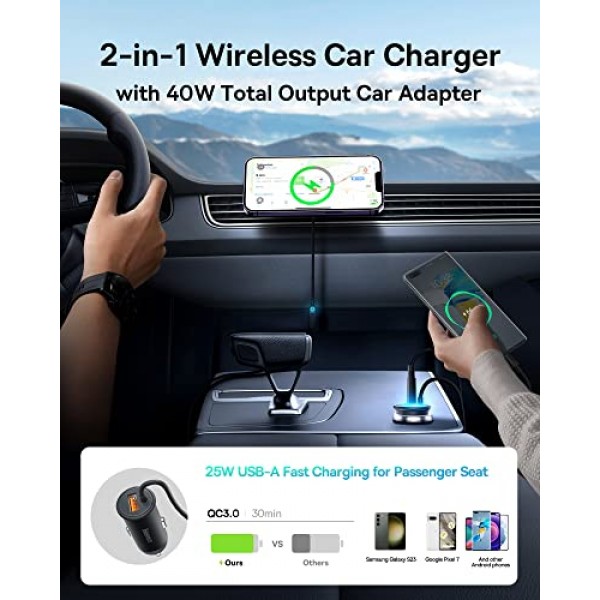 Magsafe 차량용 마운트 충전기용 Baseus, [올인원] 차량용 통풍구용 15W 고속 충전 휴대폰 마운트, 40W USB A 차량용 충전기 및 iPhone 15 14 13 12 Pro Max Plus용 케이블이 포함된 자