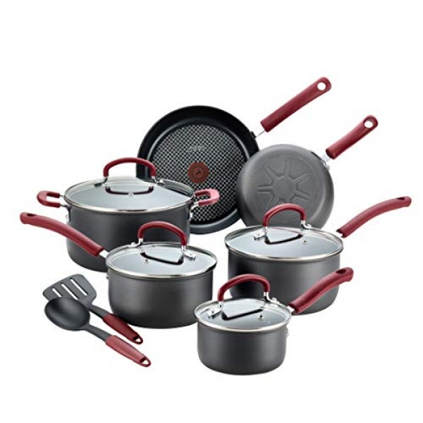 T-fal Ultimate 단단한 양극산화 처리된 붙지 않는 조리기구 세트 12피스 오븐 브로일러 안전 600F 냄비 및 팬, 식기세척기 사용 가능 검정색