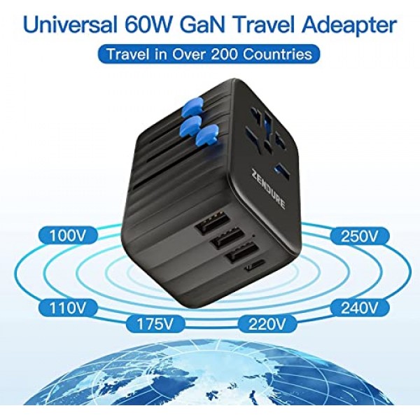 Zendure 여행용 어댑터 전세계, 61W USB 충전기, 2500W 소켓 어댑터, 범용 여행용 플러그, USB C/A 어댑터, 노트북, iPad, iPhone, AirPods Pro, Samsung, 가전 제품 등에 적합