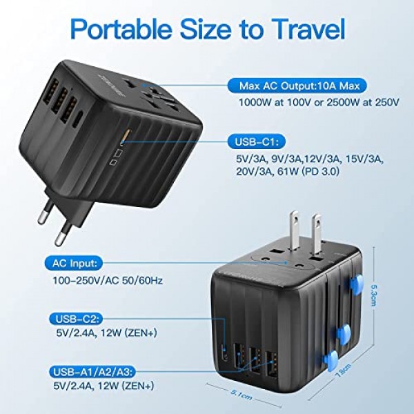 Zendure 여행용 어댑터 전세계, 61W USB 충전기, 2500W 소켓 어댑터, 범용 여행용 플러그, USB C/A 어댑터, 노트북, iPad, iPhone, AirPods Pro, Samsung, 가전 제품 등에 적합