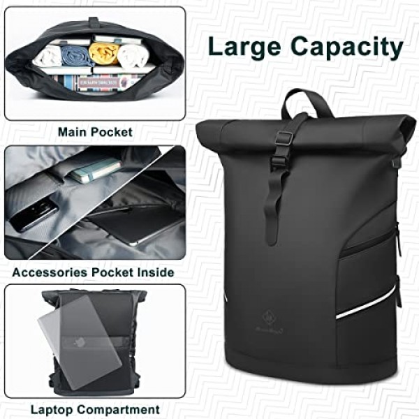 HEROIC KNIGHT 롤탑 배낭 방수 자전거 배낭(반사 스트립 포함) 노트북 배낭 남성 여성 USB 포트가 있는 15.6인치 여행 배낭 작업용 수하물 배낭 Uni Travel Black,