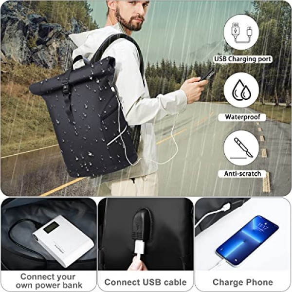 HEROIC KNIGHT 롤탑 배낭 방수 자전거 배낭(반사 스트립 포함) 노트북 배낭 남성 여성 USB 포트가 있는 15.6인치 여행 배낭 작업용 수하물 배낭 Uni Travel Black,