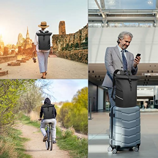 HEROIC KNIGHT 롤탑 배낭 방수 자전거 배낭(반사 스트립 포함) 노트북 배낭 남성 여성 USB 포트가 있는 15.6인치 여행 배낭 작업용 수하물 배낭 Uni Travel Black,