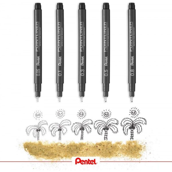 펜텔 포인트라이너 S20P-8A, 파인라이너, 블랙, 방수 및 내광성(0.8mm 5개 팩)