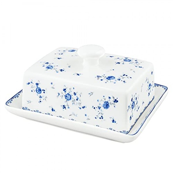 fanquare 뚜껑이 있는 세라믹 버터 접시, 조리대용 버터 홀더, 냉장고용 도자기 버터 용기, 버터 보관 트레이, 블루 로즈