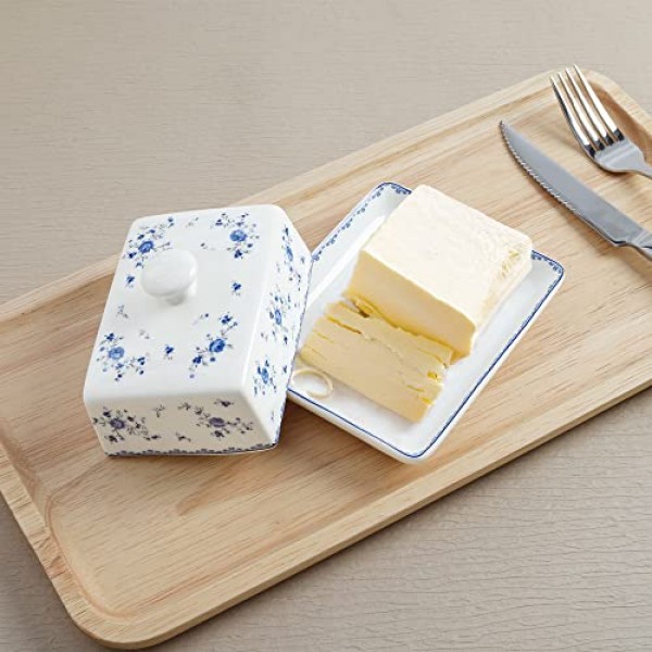 fanquare 뚜껑이 있는 세라믹 버터 접시, 조리대용 버터 홀더, 냉장고용 도자기 버터 용기, 버터 보관 트레이, 블루 로즈