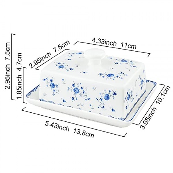 fanquare 뚜껑이 있는 세라믹 버터 접시, 조리대용 버터 홀더, 냉장고용 도자기 버터 용기, 버터 보관 트레이, 블루 로즈