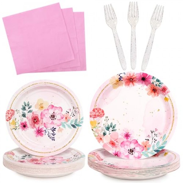 DECORLIFE 96개 꽃 접시와 냅킨 24인분, 핑크 꽃 파티 용품, 포크 포함, 소녀와 어린이 꽃 생일 파티 장식