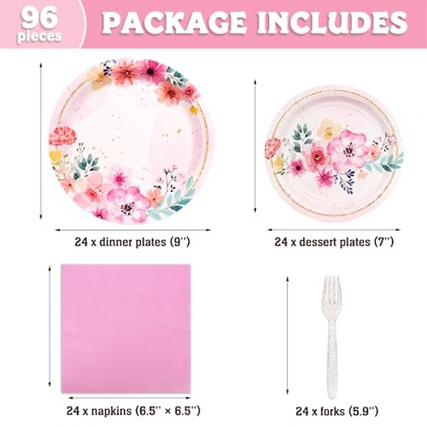 DECORLIFE 96개 꽃 접시와 냅킨 24인분, 핑크 꽃 파티 용품, 포크 포함, 소녀와 어린이 꽃 생일 파티 장식