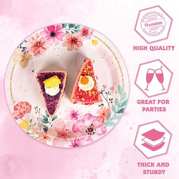 DECORLIFE 96개 꽃 접시와 냅킨 24인분, 핑크 꽃 파티 용품, 포크 포함, 소녀와 어린이 꽃 생일 파티 장식