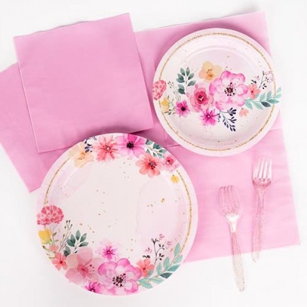 DECORLIFE 96개 꽃 접시와 냅킨 24인분, 핑크 꽃 파티 용품, 포크 포함, 소녀와 어린이 꽃 생일 파티 장식