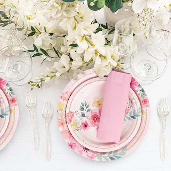 DECORLIFE 96개 꽃 접시와 냅킨 24인분, 핑크 꽃 파티 용품, 포크 포함, 소녀와 어린이 꽃 생일 파티 장식