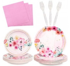 DECORLIFE 96개 꽃 접시와 냅킨 24인분, 핑크 꽃 파티 용품, 포크 포함, 소녀와 어린이 꽃 생일 파티 장식