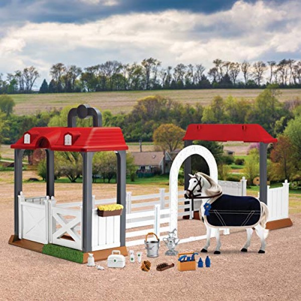 Sunny Days Entertainment 블루 리본 챔피언 디럭스 리피자너 그루밍 안정적인 플레이 세트와 29개의 사실적인 액세서리 포함