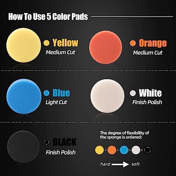 자동차 폼 드릴 연마 패드 키트, 44Pcs 1inch 2inch 3inch 세부 연마 버핑 패드 혼합 크기 자동차 자세히 키트 5/8-11 스레드 백업 패드 및 버퍼 폴리 셔 연마, 버핑 용 어댑터