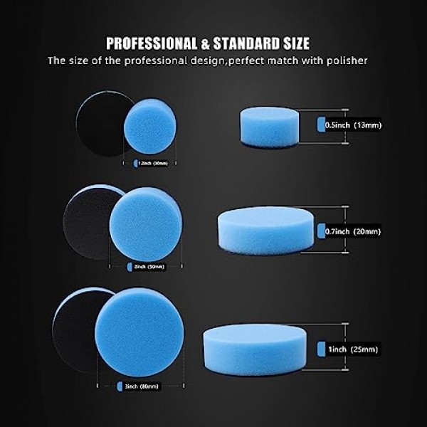 자동차 폼 드릴 연마 패드 키트, 44Pcs 1inch 2inch 3inch 세부 연마 버핑 패드 혼합 크기 자동차 자세히 키트 5/8-11 스레드 백업 패드 및 버퍼 폴리 셔 연마, 버핑 용 어댑터