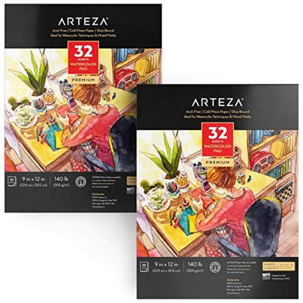 Arteza 수채화 용지 9x12인치, 2팩, 64매(140lb/300gsm), 냉간 압착 아트 스케치북 패드, 페인팅 및 드로잉용 미술 용품, 습식, 혼합 매체