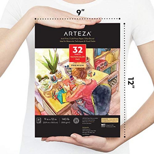 Arteza 수채화 용지 9x12인치, 2팩, 64매(140lb/300gsm), 냉간 압착 아트 스케치북 패드, 페인팅 및 드로잉용 미술 용품, 습식, 혼합 매체