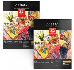 Arteza 수채화 용지 9x12인치, 2팩, 64매(140lb/300gsm), 냉간 압착 아트 스케치북 패드, 페인팅 및 드로잉용 미술 용품, 습식, 혼합 매체