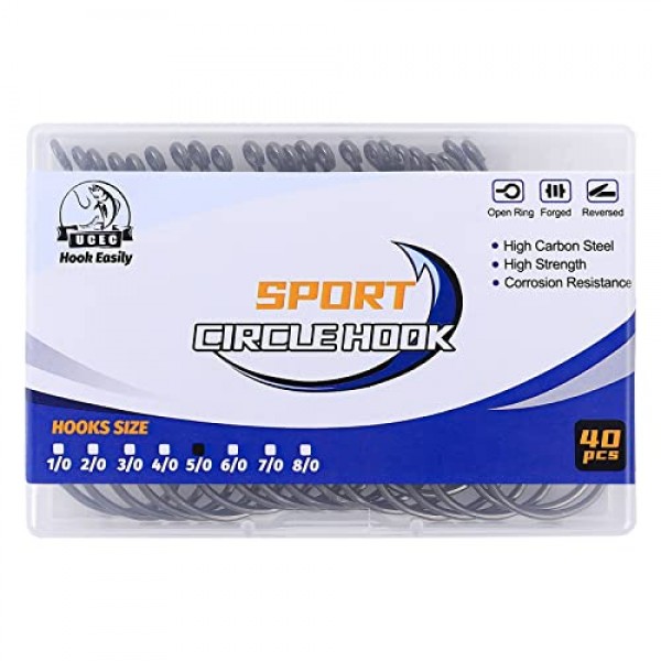 UCEC 서클 후크 바닷물 낚시 후크 2X 강력한 오프셋 포인트 메기 후크, 고탄소강 문어 후크 피쉬 후크 키트 담수, 40PCS, 크기: 1/0 3/0 4/0 5/0 6/0 7/0 8/0