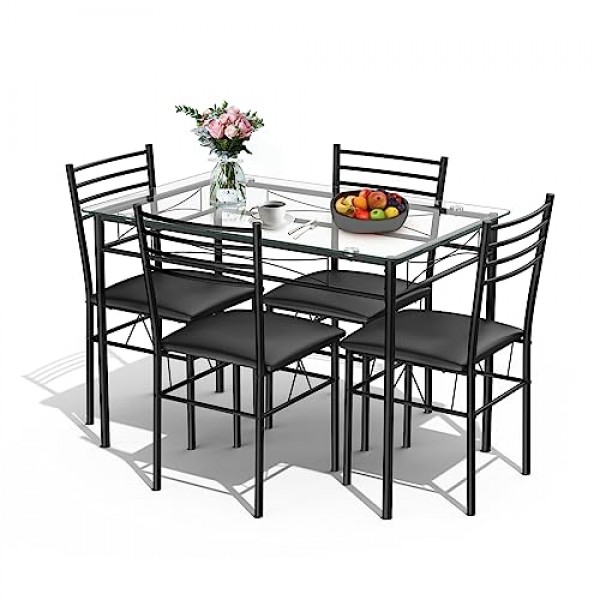 COSTWAY 5피스 식탁 세트 유리 상판 다이닝 세트 다이닝 세트(패딩 의자 포함) 주방 테이블(의자 4개 포함) 다이닝룸용 좌석 세트 주방 공간 절약