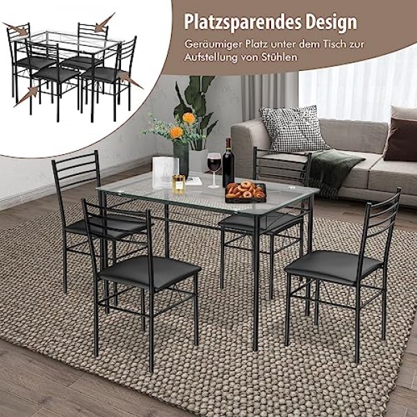 COSTWAY 5피스 식탁 세트 유리 상판 다이닝 세트 다이닝 세트(패딩 의자 포함) 주방 테이블(의자 4개 포함) 다이닝룸용 좌석 세트 주방 공간 절약