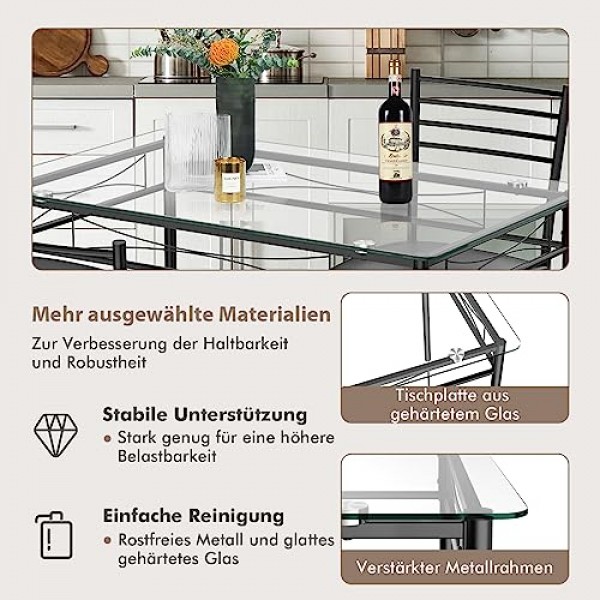 COSTWAY 5피스 식탁 세트 유리 상판 다이닝 세트 다이닝 세트(패딩 의자 포함) 주방 테이블(의자 4개 포함) 다이닝룸용 좌석 세트 주방 공간 절약