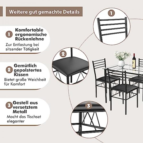 COSTWAY 5피스 식탁 세트 유리 상판 다이닝 세트 다이닝 세트(패딩 의자 포함) 주방 테이블(의자 4개 포함) 다이닝룸용 좌석 세트 주방 공간 절약