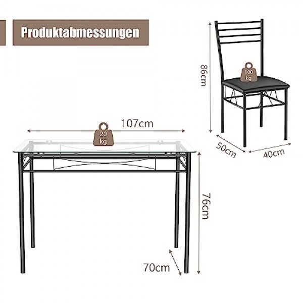 COSTWAY 5피스 식탁 세트 유리 상판 다이닝 세트 다이닝 세트(패딩 의자 포함) 주방 테이블(의자 4개 포함) 다이닝룸용 좌석 세트 주방 공간 절약