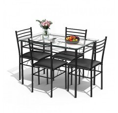 COSTWAY 5피스 식탁 세트 유리 상판 다이닝 세트 다이닝 세트(패딩 의자 포함) 주방 테이블(의자 4개 포함) 다이닝룸용 좌석 세트 주방 공간 절약