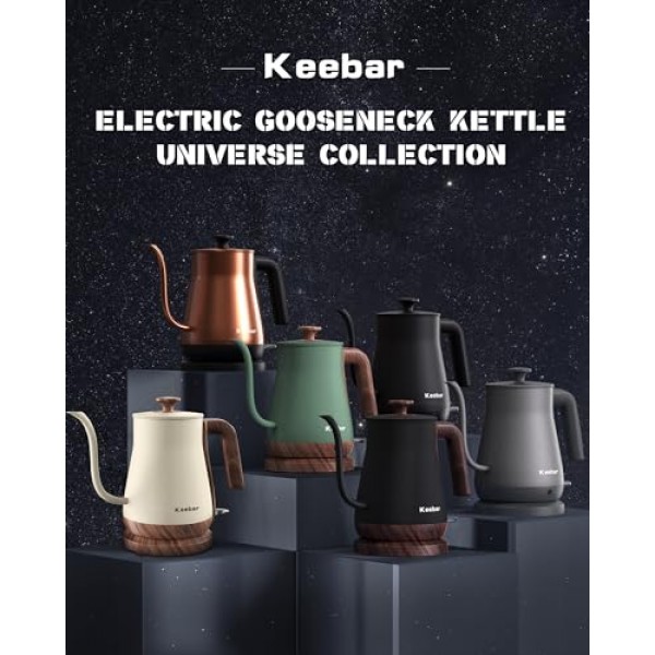 구즈넥 전기 주전자, 전기 차 주전자 스테인레스 스틸, 커피 주전자, 1000W 온수 주전자 전기 자동 차단, 0.8L, 나무결 마감 손잡이, 말차 녹색