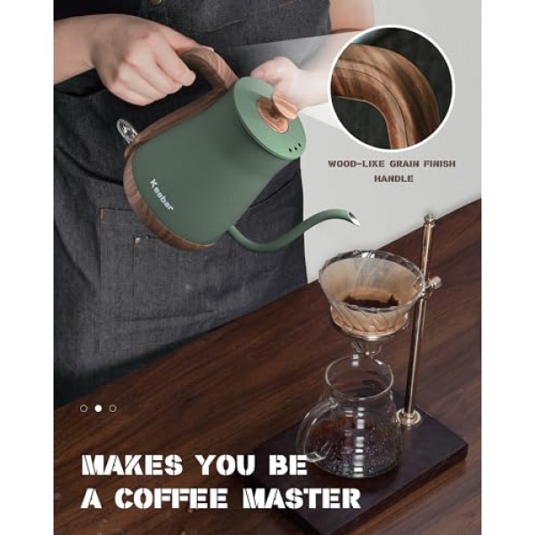 구즈넥 전기 주전자, 전기 차 주전자 스테인레스 스틸, 커피 주전자, 1000W 온수 주전자 전기 자동 차단, 0.8L, 나무결 마감 손잡이, 말차 녹색