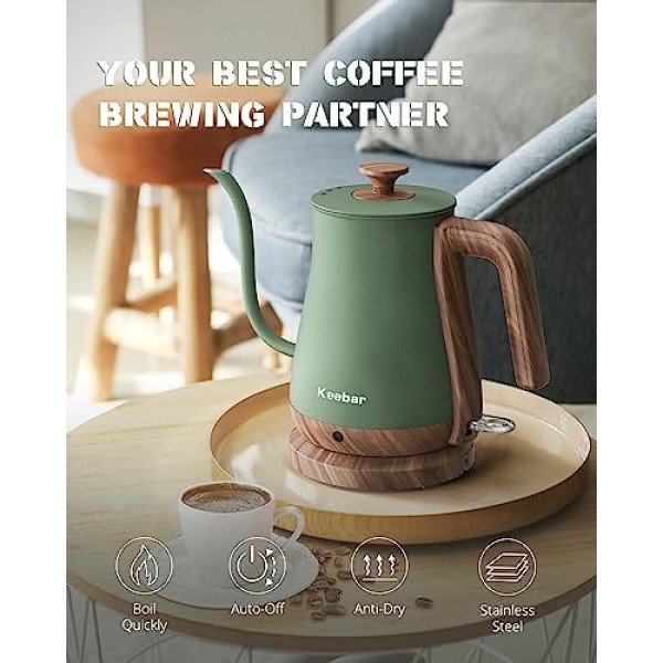 구즈넥 전기 주전자, 전기 차 주전자 스테인레스 스틸, 커피 주전자, 1000W 온수 주전자 전기 자동 차단, 0.8L, 나무결 마감 손잡이, 말차 녹색