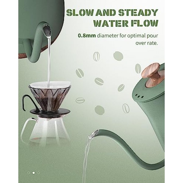 구즈넥 전기 주전자, 전기 차 주전자 스테인레스 스틸, 커피 주전자, 1000W 온수 주전자 전기 자동 차단, 0.8L, 나무결 마감 손잡이, 말차 녹색