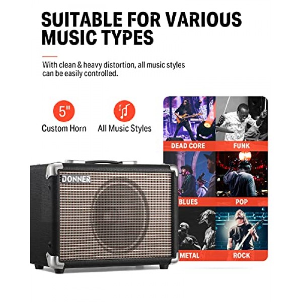 Donner 10W 기타 앰프, 녹음용 APP 이펙터 입력이 있는 일렉트릭 베이스 기타 앰프 Protable, 헤비 뮤직 플레이어용 왜곡 톤이 있는 어쿠스틱 기타 콤보 연습 앰프 Protable M-10