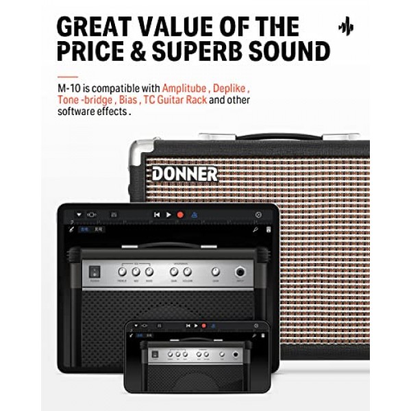 Donner 10W 기타 앰프, 녹음용 APP 이펙터 입력이 있는 일렉트릭 베이스 기타 앰프 Protable, 헤비 뮤직 플레이어용 왜곡 톤이 있는 어쿠스틱 기타 콤보 연습 앰프 Protable M-10