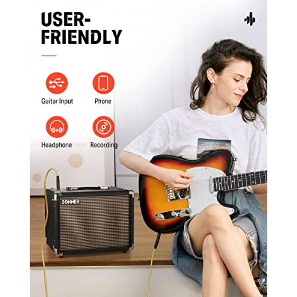 Donner 10W 기타 앰프, 녹음용 APP 이펙터 입력이 있는 일렉트릭 베이스 기타 앰프 Protable, 헤비 뮤직 플레이어용 왜곡 톤이 있는 어쿠스틱 기타 콤보 연습 앰프 Protable M-10