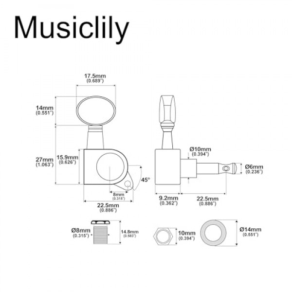 Musiclily Pro 6 인라인 밀봉 기타 튜너 튜닝 페그 키 펜더 스트라토캐스터 텔레캐스터, 타원형 버튼 블랙용 머신 헤드 세트