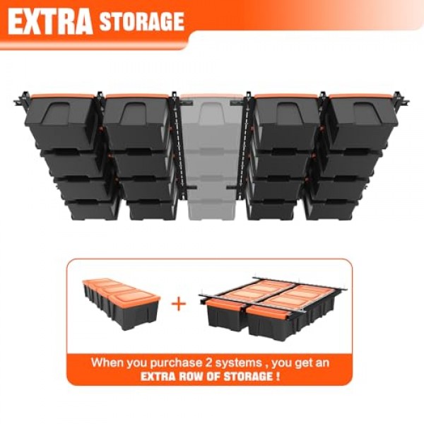 TORACK 차고 천장 빈 보관 랙, 오버헤드 토트 보관 레일 시스템 헤비 듀티 조절 가능 토트 슬라이드 차고 보관 시스템(통은 포함되지 않음)