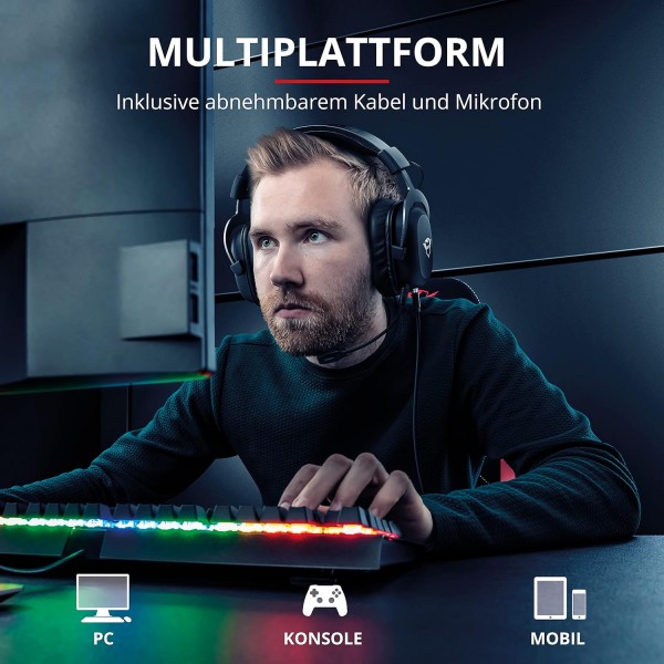 트러스트 게이밍 헤드셋 GXT 414 마이크 포함 PS4, PS5, PC, Nintendo Switch, Xbox Series X, Xbox One - 조정 가능한 헤드밴드가 있는 Zamak 유선 게이밍 헤드폰 - 블랙 멀티플랫폼 블랙