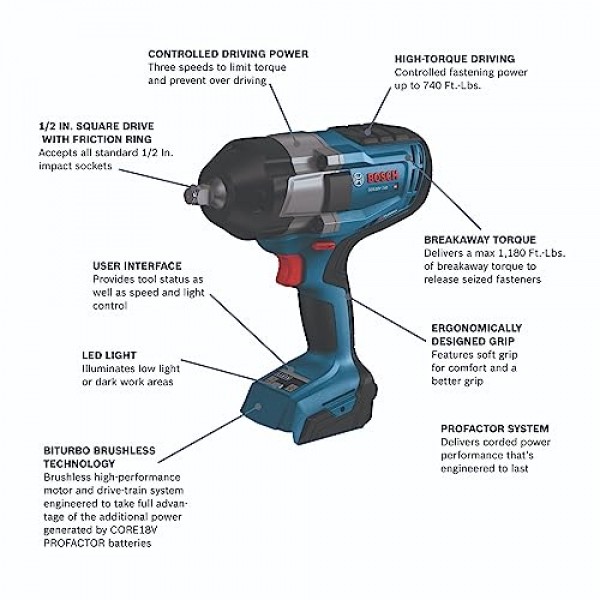 BOSCH GDS18V-740N PROFACTOR™ 18V 1/2인치 마찰 링이 있는 임팩트 렌치(기본 공구)