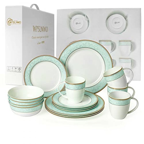 Wpslnwo 고급 뼈 중국 식기 세트, 16 Pcs 클래식 구호 패턴 금테 가장자리 고급 도자기 식기 세트 4 인용 선물 상자 포장