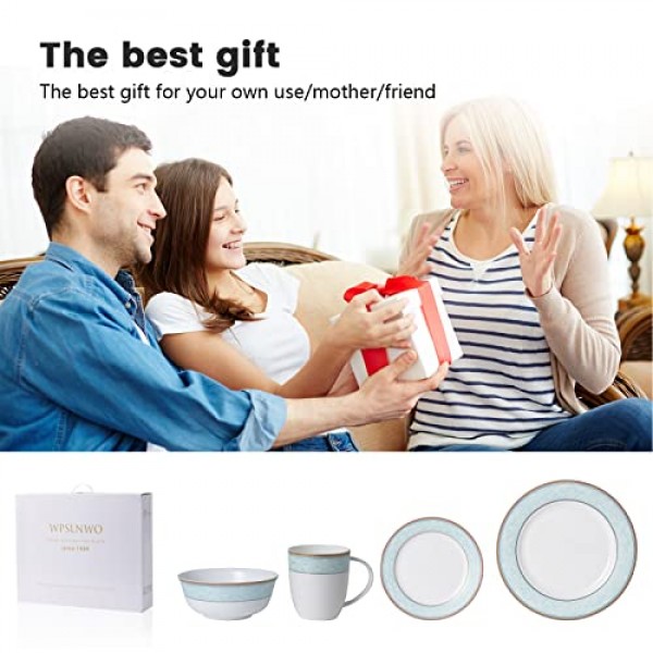 Wpslnwo 고급 뼈 중국 식기 세트, 16 Pcs 클래식 구호 패턴 금테 가장자리 고급 도자기 식기 세트 4 인용 선물 상자 포장