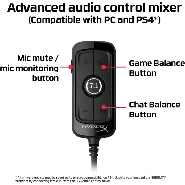 HyperX Cloud Alpha S - 게임용 헤드셋, PC, PS4용, 7.1 서라운드 사운드, 조정 가능한 베이스, 듀얼 챔버 드라이버, 채팅 믹서, 통기성 인조 가죽, 메모리 폼, 마이크, 블랙 블랙 