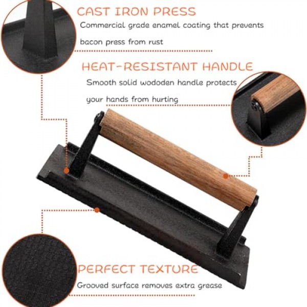 Felvoro 고기 프레스 주철 그릴 프레스, 나무 손잡이가 있는 헤비듀티 스매시 버거 프레스, 8.26 x 4.25인치, 샌드위치 프레스, 직사각형 버거 스매셔, 그릴용 주철 고기 프