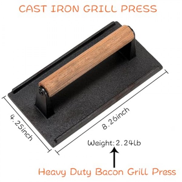 Felvoro 고기 프레스 주철 그릴 프레스, 나무 손잡이가 있는 헤비듀티 스매시 버거 프레스, 8.26 x 4.25인치, 샌드위치 프레스, 직사각형 버거 스매셔, 그릴용 주철 고기 프